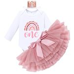 Boho Rainbow 1st Birthday Outfit for Baby Girl One Year Old Party Cake Smash Photo Shooting Long Sleeve Romper Princess Tutu Tulle Skirt Mini Crown Tiaras Set Christmas Fall Winter Clothes Dusty Pink