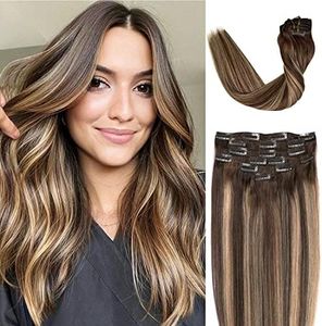 (36cm , 4-27) - Clip in/on Hair Extensions Human Hair 7 Pcs 120g Per Set Extensions Brown With Strawberry Blonde Highlight Dip Dyed Ombre Balayage For Full Head Straight Soft Thick Extensions Clip ins (36cm , 4-27)