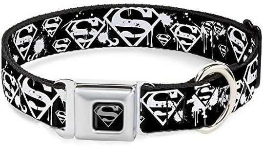 Buckle-Down Seatbelt Buckle Dog Collar - Superman Shield Splatter Black/White - 1" Wide - Fits 15-26" Neck - Large