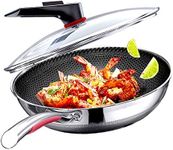 MEGOO Kitchenware cookwear Non Stick Wok Pan with Lid,(PFA,PFOA Free),Frying Wok Pan Suitable for Induction,Gas Cooktops,Ceramic and Electric Stove (Stainless Steel, 12.6 Inch)