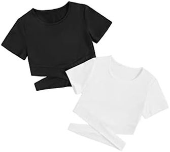Milumia Girl's 2 Piece Cut Out Crisscross Tee Crop Tops Short Sleeve Round Neck T Shirts Black and White