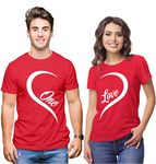 Hangout Hub Hangout-Hub-NP21 Couple Tshirts for Couples | Printed One Love Heart T-Shirts(Red;Men L, Women L) Men's and Women's Round Neck T-Shirt (Pack of 2, Cotton)