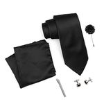 RIZORO Mens Plaid Micro Self Silk Solid Black Necktie Gift Set With Pocket Square Cufflinks Brooch Pin Men Tie Clip Formal Tie With Wooden Box For Gifting (RW_44, Free Size)