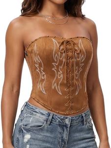 UpFind Embroidered Brown Corset Tops for Women Suede Western Cowgirl Strapless Crop Tops Studded Lace Up Tube Top with Zipper Sexy Festival Outfits, S