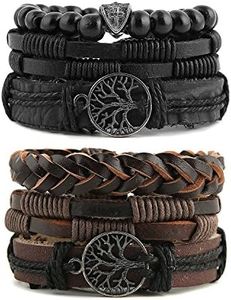 HZMAN Genuine Leather Tree of life Bracelets Men Women, Tiger Eye Natural Stone Lava Rock Beads Ethnic Tribal Elastic Bracelets Wristbands (2Pcs)