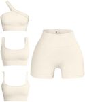 OQQ Women's 4 Piece Outfits Ribbed Seamless Exercise Scoop Neck Sports Bra One Shoulder Tops High Waist Shorts Active Set, Beige, Small