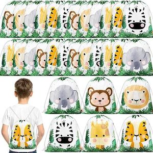 Ferraycle Safari Kids Drawstring Bags Safari Goodie Bags Party Favors Bags Party Treat Bags Jungle Animals Party Favor Bags for Girls Boys Birthday Party Baby Shower, 9.8 x 11.8 Inch (30 Pack)