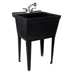 Black Utility Sink Laundry Tub with Pull Out Chrome Faucet, Sprayer Spout, Heavy Duty Slop Sinks for Washing Room, Basement, Garage or Shop, Large Free Standing Wash Station Tubs and Drainage (Black)