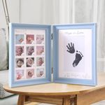 HomeCloud Baby Picture Frame First Year, Baby Handprint and Footprint Kit with Ink Pad, 12 Month Milestones Baby Gift, Anniversary Growth Record Keepsake for Mom/Newborn (12 Photo_Blue)