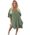 eyes Women’s Gold Button Pleated Short Sleeve Plain Collared Frill Hem Ladies Casual Loose Fit Oversized Baggy Plus Size Swing Summer Dresses for Women Khaki One Size 8-22