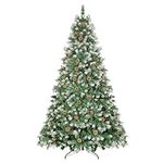 7.5ft Flocked Christmas Tree with Decorations (1400 PVC Branch Tips & 76 Pine Cones), Metal Hinges & Base, Green and White Pre-Decorated Xmas Tree 7.5 feet | Add Holiday Touch to Home Office