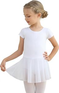 MdnMd Toddler Girls Ballet Leotards with Skirt Classic Short Sleeve Dance Gymnastic Ballerina Outfit Dress, White, 8-10 Years