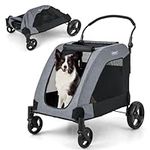 GYMAX Large Pet Stroller for Dogs up to 60kg, Foldable Dog Pram Pushchair w/Dual Entry, Adjustable Handle, Safety Belt, Removable Pad & Breathable Mesh, 4 Wheels Pet Travel Cart