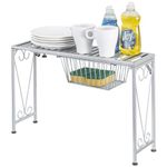 MyGift Silver Metal Expandable Kitchen Over The Sink Shelf Storage Organizer Rack with Pull Out Drawer and Scrollwork Design