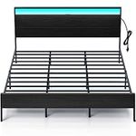 Rolanstar Bed Frame with USB Charging Station, King Bed Frame with LED Lights Headboard, Platform Bed with Strong Metal Slats, Under Bed Storage Clearance, No Box Spring Needed, Noise Free