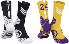 BERYCH Mens Sports Socks, 2 Pairs Cotton Star Basketball Socks for Aldult, Breathable Medium Socks, Sweat-absorbent, Anti-friction, High Elastic Socks For Sports Lovers（the Lakers No.24 & Nets No.7）