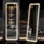 LVSOMT Full Length Mirror with LED Lights, Full Body Mirror, Free Standing Floor Mirror, Wall Mounted Lighted Mirror, Light Up Mirror w/ 3 Color Lighting for Bedroom Living Room (160 x50 cm, Black)