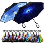 SIEPASA 49/56 Inch Inverted Reverse Upside Down Umbrella, Extra Large Double Canopy Vented Windproof Waterproof Stick Golf Umbrellas with C-shape Handle.(Sky Blue & Starry Sky, 2 pack, 49 Inch)