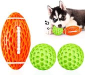 AUSCAT 3PCS Squeaky Rubber Dog Toy Balls, Indestructible Dog Toy for Aggressive Chewers, Fetch Interactive Dog Ball for Small Medium Dogs, 4.1" Orange Rugby and 2.1" Green Footballs