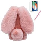 Bunny Case for iPod Touch 7 / iPod Touch 6 / iPod Touch 5, Girlyard Cute Rabbit Ears Warm Fluffy Handmade Rabbit Fur Soft Plush Flexible TPU Bumper Phone Shell Furry Protective Cover for Girls - Pink