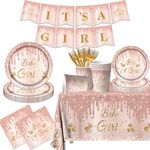 142Pcs Pink and Gold Baby Shower Decorations for Girl It's A Girl Plates and Napkins Set with Cups Forks Tablecloth and Banner Baby Girl Gender Reveal Decorations Pink Baby Shower Party Supplies