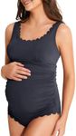 Summer Mae Ribbed Maternity One Piece Swimsuit Scalloped Cut Out Pregnancy Bathing Suit Square Neck Swimwear, Blue Black, Medium