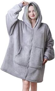 Queenshin Open Front Zip Up Oversized Hoodie Wearable Blanket for Men Women, Adults Comfy Sherpa Lined Hooded Sweatshirt with Zipper, One Size,Light Grey