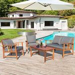 Tangkula Wood Patio Furniture Set, Outdoor Seating Chat Set w/Gray Cushions Back Pillow, Outdoor Conversation Set w/Coffee Table for Garden, Backyard, Poolside (1, Gray)