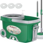 Dual Compartment Spin Mop and Bucket, Mop and Bucket with Wringer Set,360°Rotating Spinning Mopping for Floor Cleaning with 3 Microfiber Replacement Heads, 61" Extended Handle, 2X Wheel - Deep Green