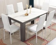 Dining Table and Chairs Set 6, Pu Leather Dining Room Chairs and 18mm Thick Table Top 140 x 80 cm Long Wooden Dining Table Modern Design Dining Table Set for Home Kitchen Furniture