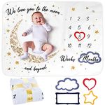 Baby Milestone Blanket | Monthly Photo Mat for Boy or Girl, Unisex | Moon & Stars Theme | Personalised Baby Shower Present for New Mums | Age Mat | Soft, Thick & Comfortable | Includes Coloured Frames