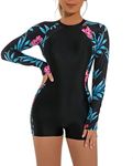 FYMNSI Women's Long Sleeve One-Piece Swimsuit with Tropical Floral Print, Padded Push Up Slim Fit Rash Guard Bathing Suit Beachwear Swimwear Unitard Legsuit Swimming Costume Backless Blue XXL