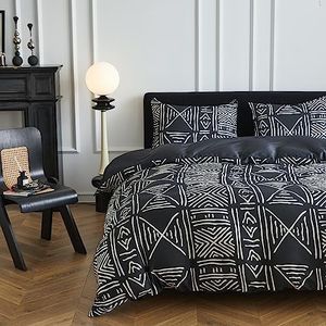 Simple&Opulence Boho Cooling Duvet Cover Set, 3Pcs Aztec Luxury Tribal Geometric Pattern Comforter Cover Set 100% Viscose from Bamboo, Soft Breathable Bedding for Hot Sleepers(Black, King)