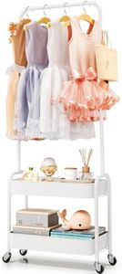KINGRACK Kids Clothing Rack, Small Clothes Rack with Metal Basket,Garment Rack for Hanging Clothes on Wheels,Kids Dress Up Rack Storage for Coats, Dance Costume, Dolls, White
