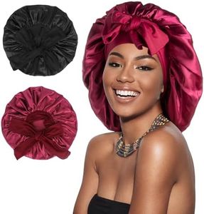 Arqumi Pack of 2 Satin Sleeping Bonnet, Large Sleep Bonnet with Elastic Long Strap, Adjustable Sleep Cap Hair Bonnet for Women & Men,Black+Red