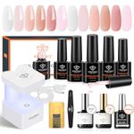 Modelones 8-in-one Nail Builder Gel Kit, 6 Colors Clear Pink Builder Gel with Mini Nail Lamp& Nail Forms Set, Hard Gel Builder for Nails Extension Strengthener Base Gel in a Bottle Nail Art