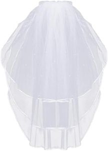 Wedding Veil,White Bridal Veil with Comb, 3 Tier Ribbon Edge with Pearl Center Cascade for Bachelorette Party