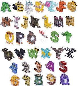 Harsgs 72PCS Iron on Animal Letters Numbers Patches, Embroidered Patches Letters A-Z Numbers 0-9 Animal Shape, Applique for Clothes, Dress, Hat, Jeans, DIY Accessories