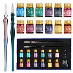 GC Glass Dip Pen Set - 2 Glass Dip Pens, 12 Multicoloured Ink, 1 Pen Holder and 1 Cleansing Cup - for Greeting Cards, Poster Cards, Signatures, Calligraphy, Drawing, Writing, Decoration and Gift GC-16