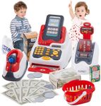 Qivange Toy Till Cash Register for Kids Toys Shop Age 3 4 5 with Scanner and Music, Play Money Pretend Toddler Toys with Food Fruit Basket Milk Credit Card Banknotes, Role Play Shop Toys Birthday Gift
