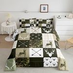 Camo Deer Antlers Kids Comforter Set Twin Size,Animal Arrow Silhouette Bedding Set,Girls Boys Adults Bedroom/Xmas Decor,Lattice Patchwork Down Comforter,Boho Army Green Duvet Insert,2pcs,1 Pillowcase