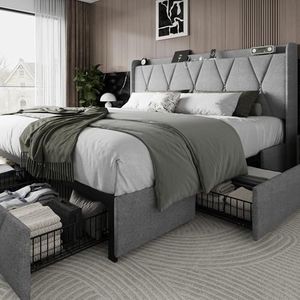 Einhomn King Size Bed Frame with 4 Storage Drawers and Charging Station, Upholstered Platform Bed Frame with Storage Headboard, No Box Spring Needed, Easy Assembly, Light Grey