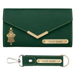 The Wallet Store Personalized Minimal Leather Clutch & Keychain Gift Set For Women | Customized Combo For Girlfriend, Wife, Sister, Mother, Etc (Green)