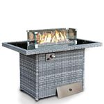 Rattan Gas Fire Pit Table with Lava Stones, Removeable Wind Guard & Lid Cover - Outdoor Table Top Fire Pit for Garden, Patio, Conservatory - FREE RAIN COVER INCLUDED (Grey)