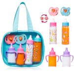 fash n kolor®, My Sweet Baby Disappearing Doll Feeding Set | Baby Care 6 Piece Doll Feeding Set for Toy Stroller | 2 Milk & Juice Bottles with 2 Toy Pacifier for Baby Doll (blue Bag)