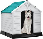 DWVO Large Outdoor Dog House, Plastic Doghouse with Air Vents and Ground Nails, Insulated Water Resistant Puppy Shelter for Small Medium Dogs (41''L x 38''W x 39''H, Blue)