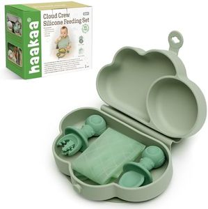 haakaa Cloud Crew Silicone Travel Baby Feeding Set with Foldable Suction Baby Plate, Silicone Bib, Baby Spoon and Fork, Waterproof Travel Bag, 6M+