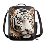 Kuiaobaty White Tiger Print Insulated Lunch Bag for Teens, Paper Carving Art Portable Thermal Food Bag for Work, Lunch Box for Picnic