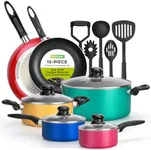 Vremi 15 Piece Aluminum Nonstick Pots and Pans Cookware Set with Lids and Cooking Utensils for Home, Kitchen, & Travel, Multicolor