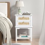 Giluta Farmhouse Night Stand, Wood Bedside Table with 2 Drawers, Natural Rattan Nightstand, White End Side Table, Night Stand Cabinet for Bedroom